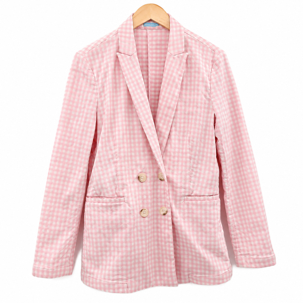 J. McLaughlin Ressie Double Breasted Stretch Blazer Pink Gingham Sz 8 Classic